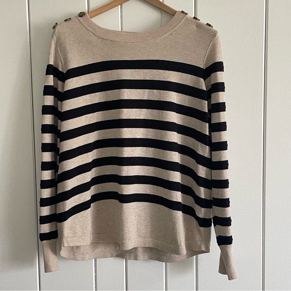 Liz Claiborne Sweaters - $10 SALE Neutral Striped Lightweight Sweater Knit Top Shoulder Button Accents